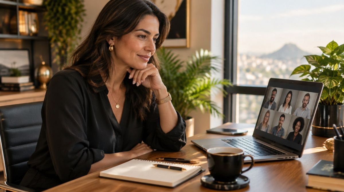 Profissional em home office participando de uma reunião com o time internacional