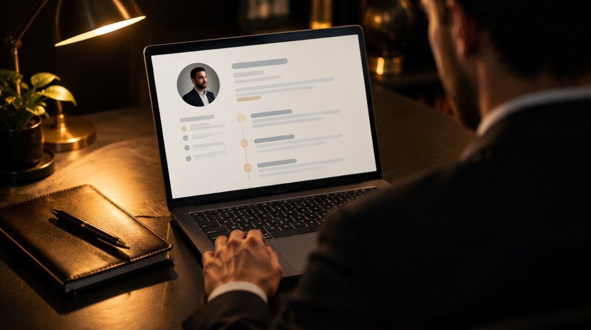 Recrutador analisando um perfil de LinkedIn no notebook