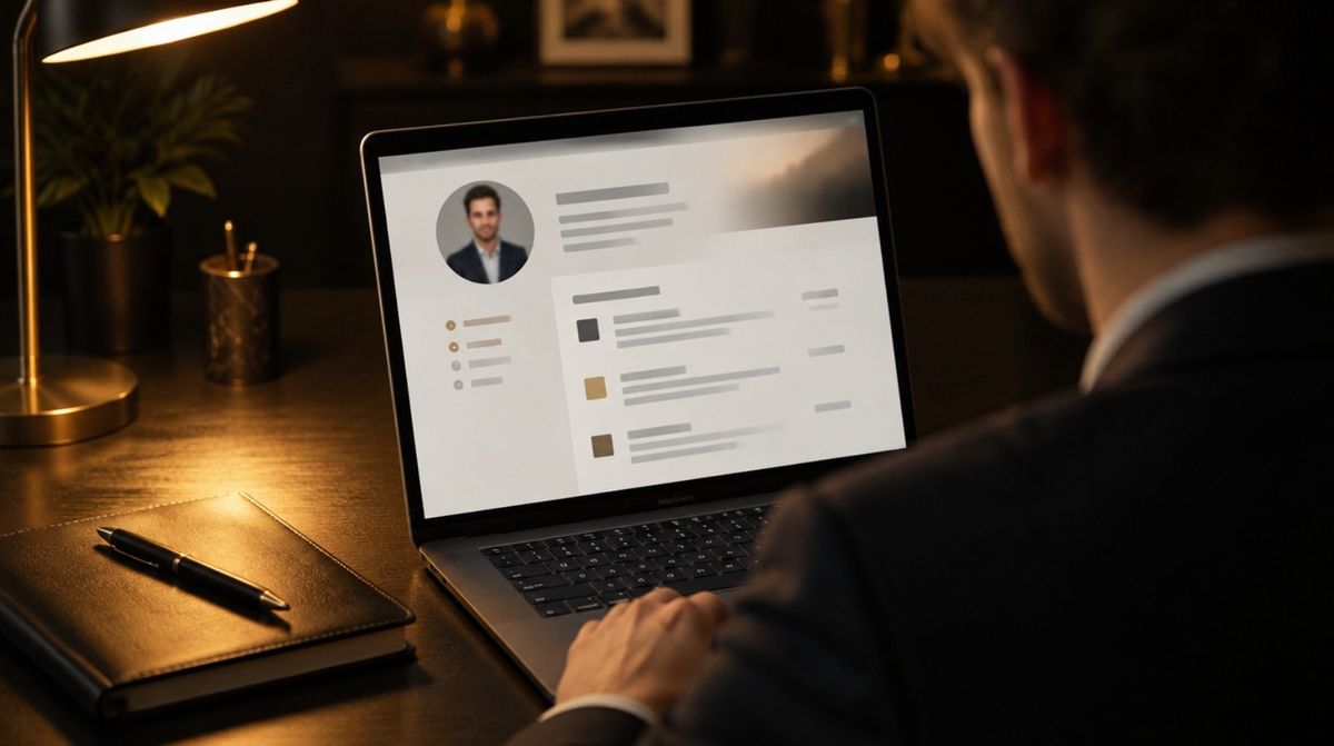 Recrutador analisando um perfil profissional no notebook