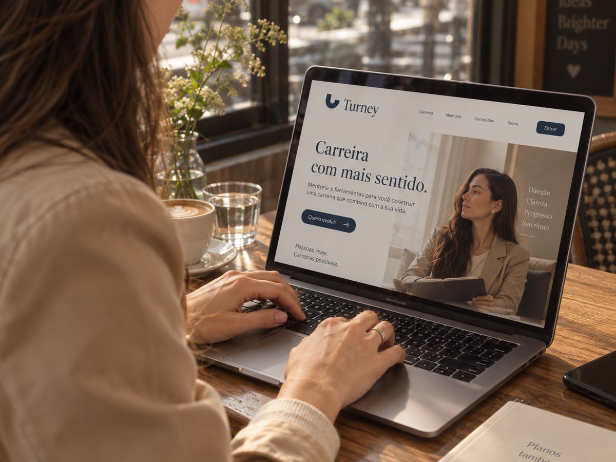 Profissional trabalhando remoto em um café, com o site da Turney Academy no notebook